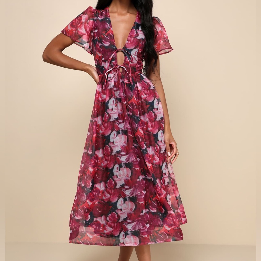 Lulus Magenta Floral Organza Tie-Front Midi Dress Size XS